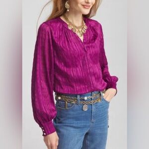 Chico's Sweet Berry Purple Color Split Neck Long Sleeve Crinkle Blouse